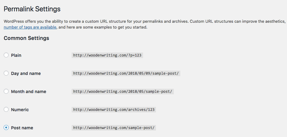 Screenshot of the WordPress permalinks settings