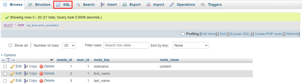 Screenshot showcasing the to menu of phpMyAdmin