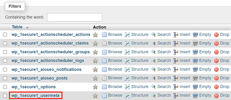 Screenshot of a phpMyAdmin table list