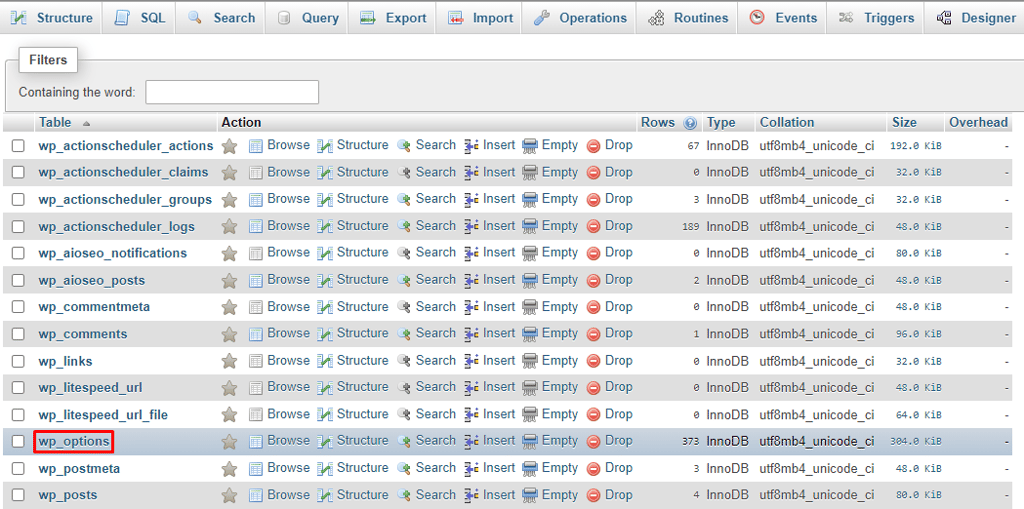 The wp_options table in phpMyAdmin