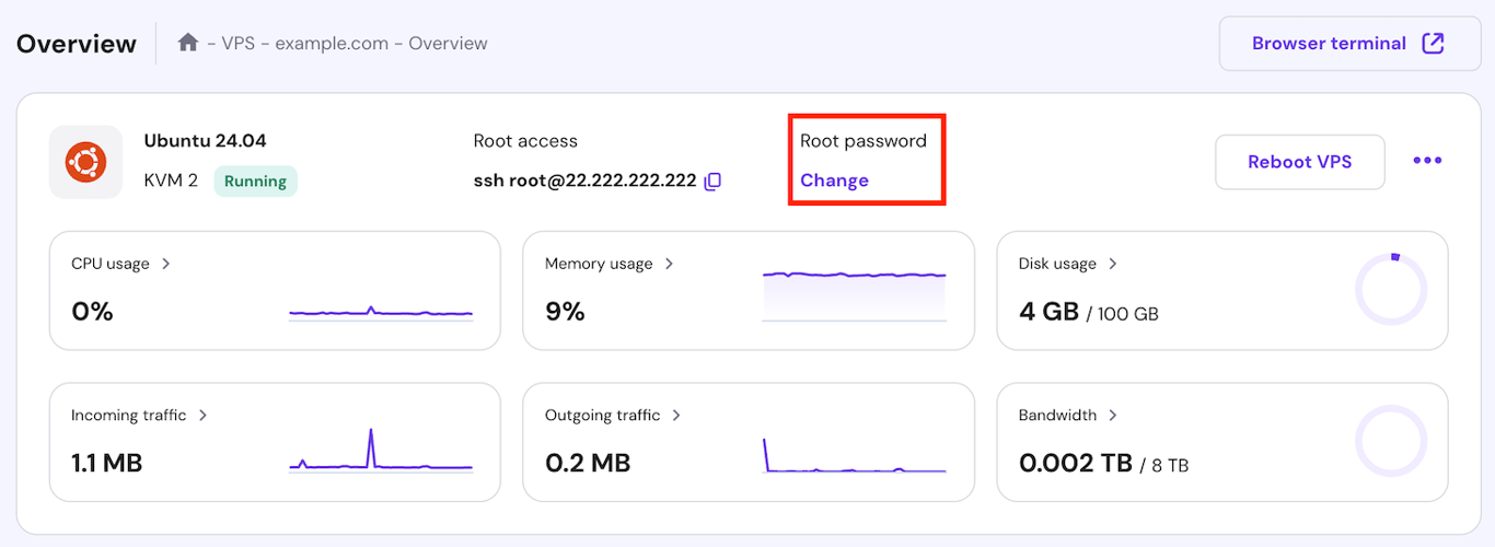 The option to change root password on hPanel's VPS overview menu