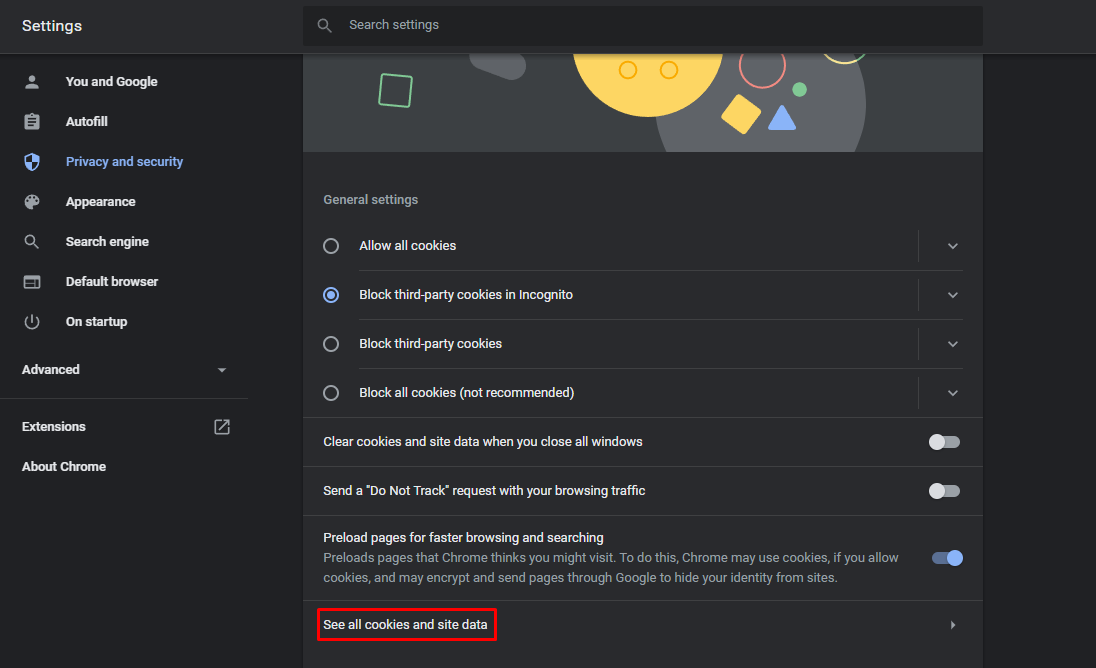Google settings, showing the block third-party cookies in Incognito section