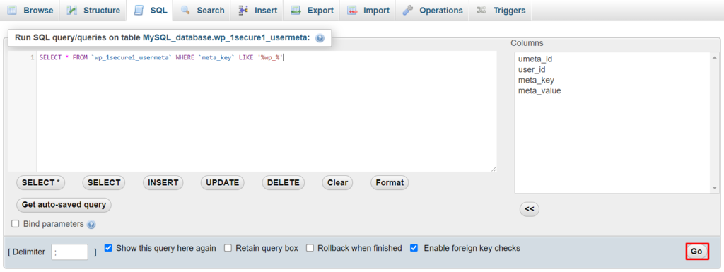 Screenshot of the SQL Query Editor with the SELECT * FROM code in use