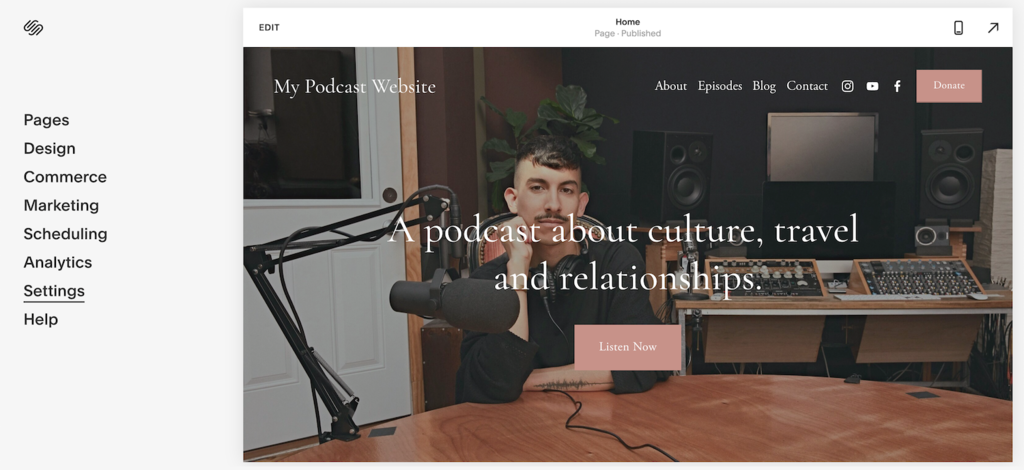 The settings option on the left panel of the Squarespace homepage