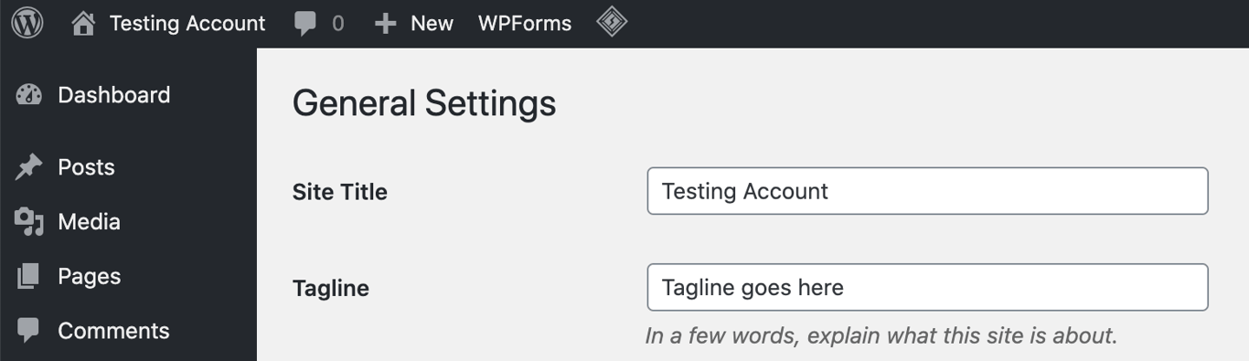 Screenshot showcasing the Title and Tagline settings in the WordPress dashboard
