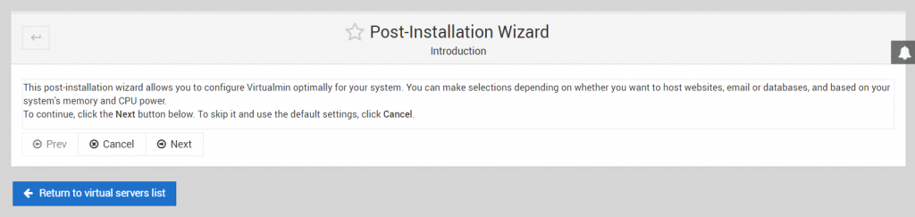 The Virtualmin Post-Installation Wizard window