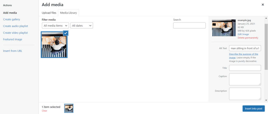 Screenshot of the WordPress add media option