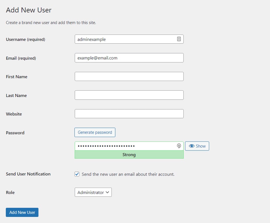 Screenshot of WordPress' add new user prompt
