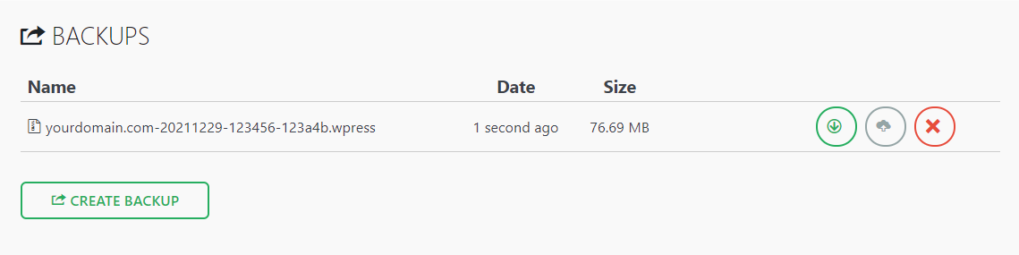 Screenshot of the WordPress backups list