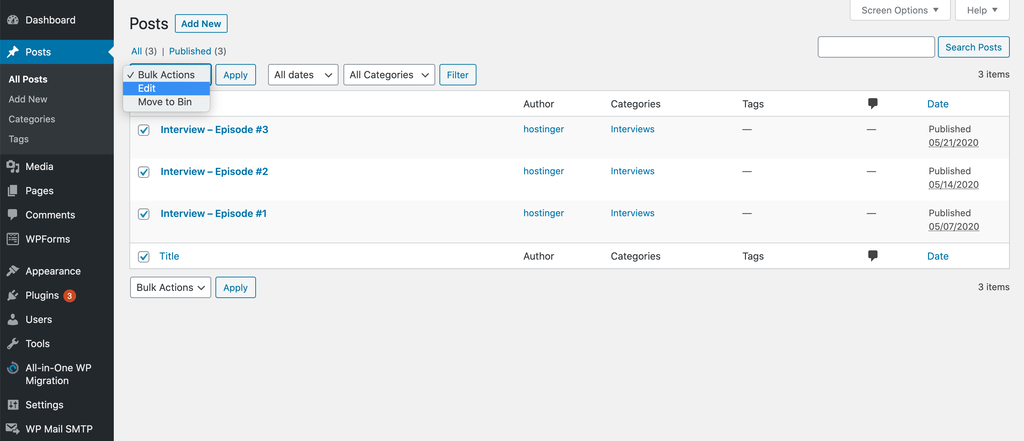 Screenshot of editing posts in bulk in WordPress posts