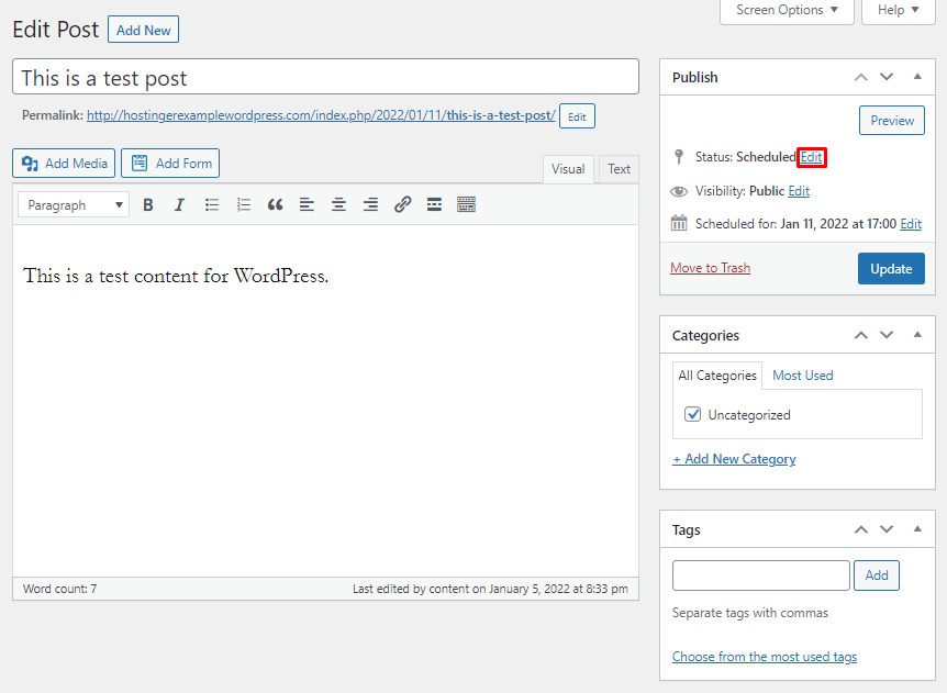 The Edit button next to the Status: Scheduled in the WordPress classic editor.