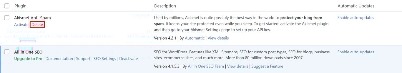 Screenshot showcasing the Delete plugin button