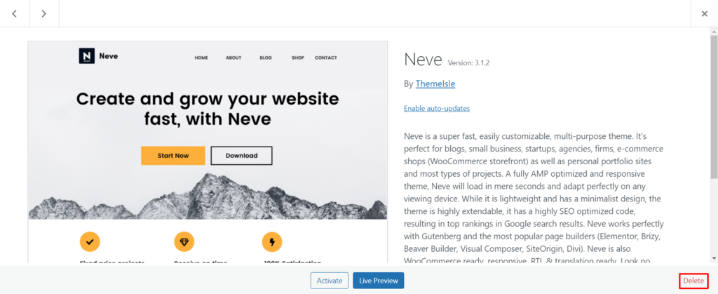 Screenshot showcasing the WordPress delete theme button