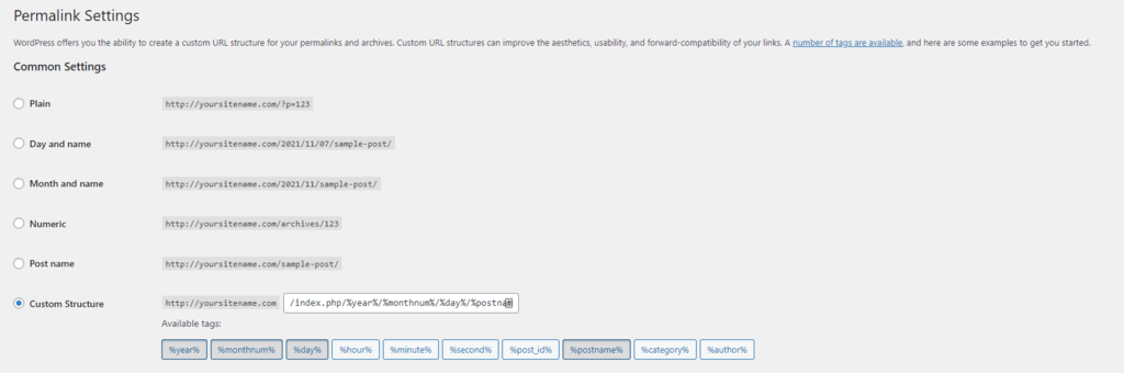 Choosing custom structure on the WordPress Permalink Settings window.