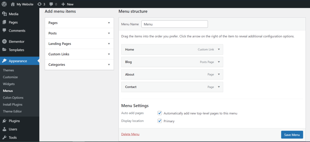 Screenshot showcasing the save menus button