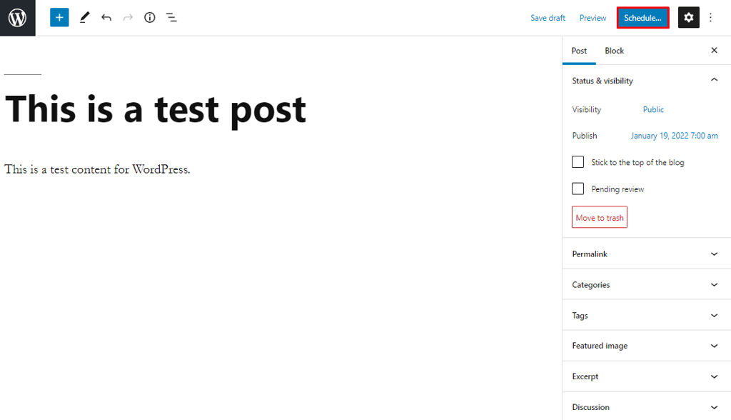 The schedule button at the top right of the WordPress Gutenberg editor.