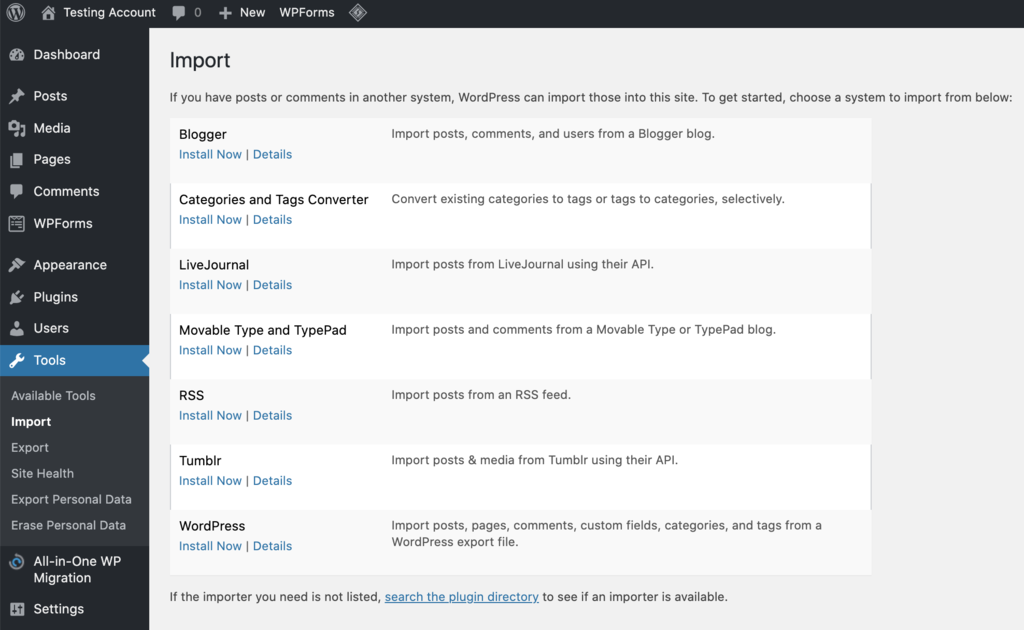 Screenshot of the WordPress Tools section in the dashboard