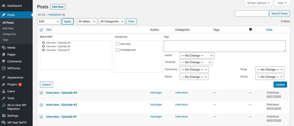 Screenshot of updating posts in the WordPress dashboard