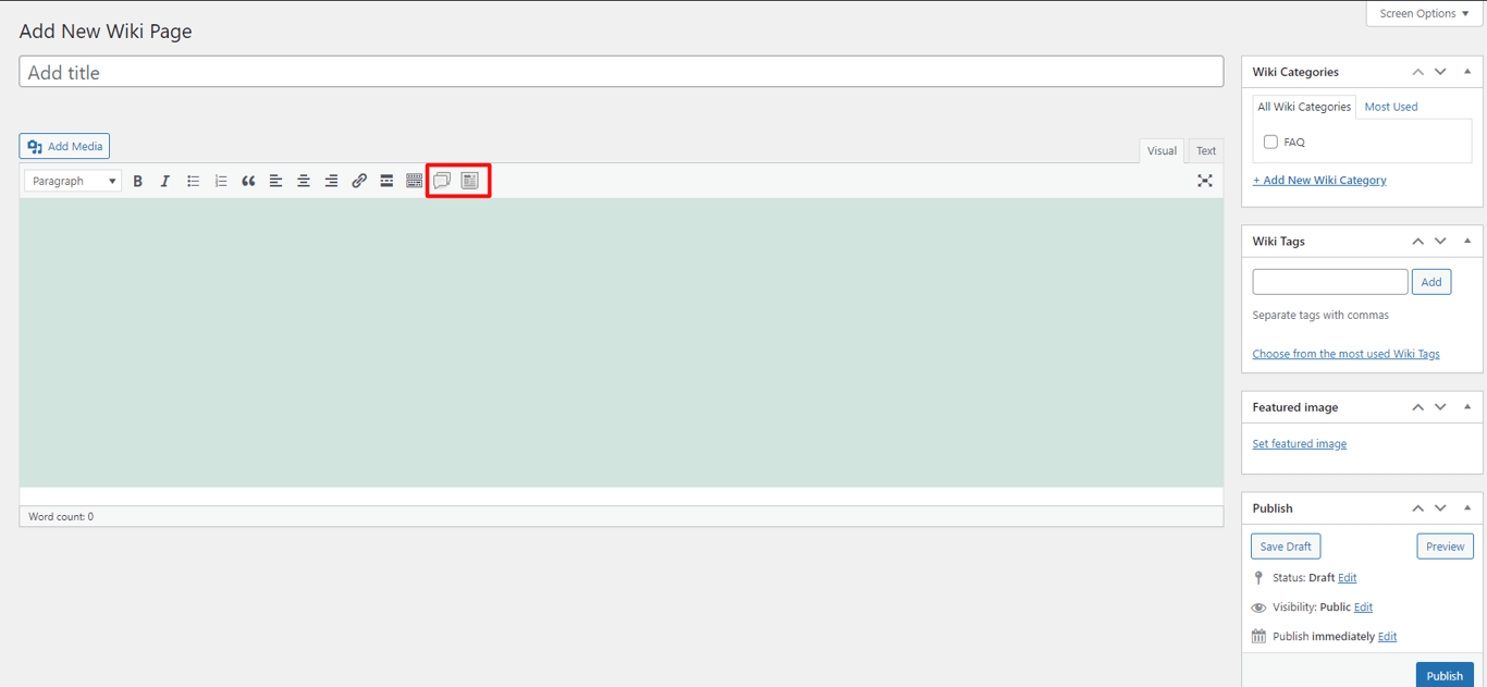 The sidebar widgets in the add new wiki page window