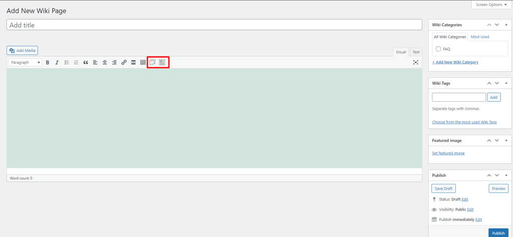 The sidebar widgets in the add new wiki page window