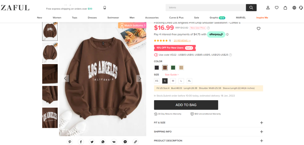An example of a product page on Zaful, an online store.