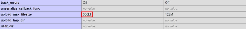 The upload_max_filesize field in hPanel, highlighting that the size of the file is 356M