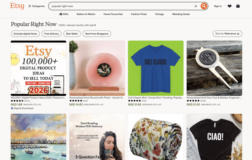 Etsy popular right now section.