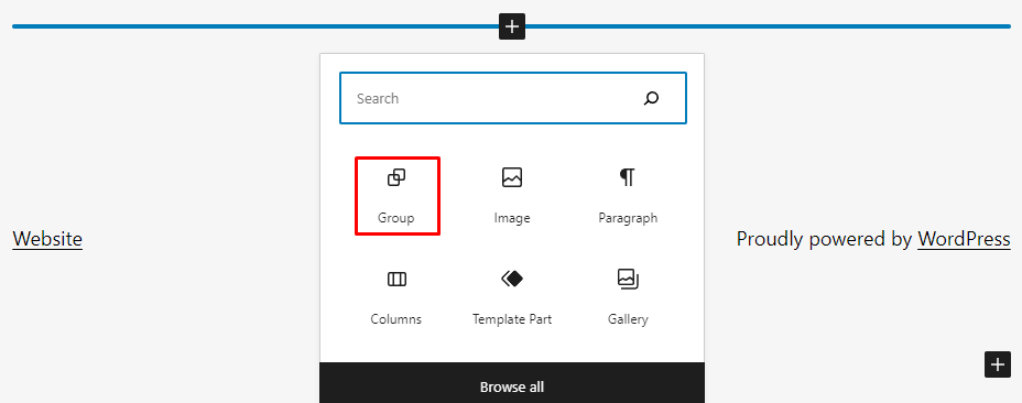 Adding a group block via the site editor.