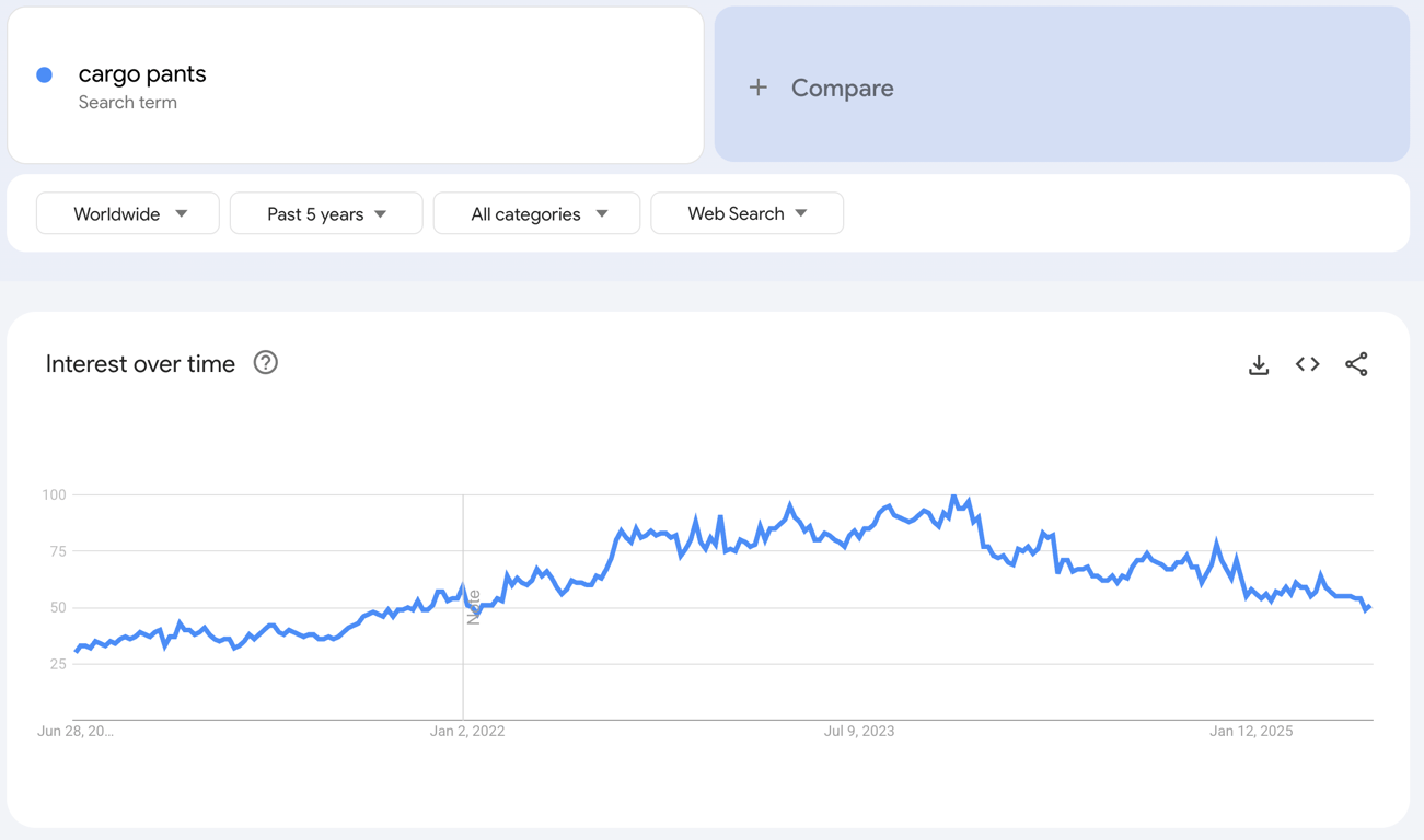Global Google Trends data of the search term "cargo pants" for the past five years.