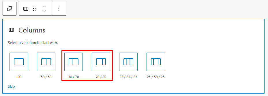 Column variation options, with the 30/70 and 70/30 sidebar layout highlighted.
