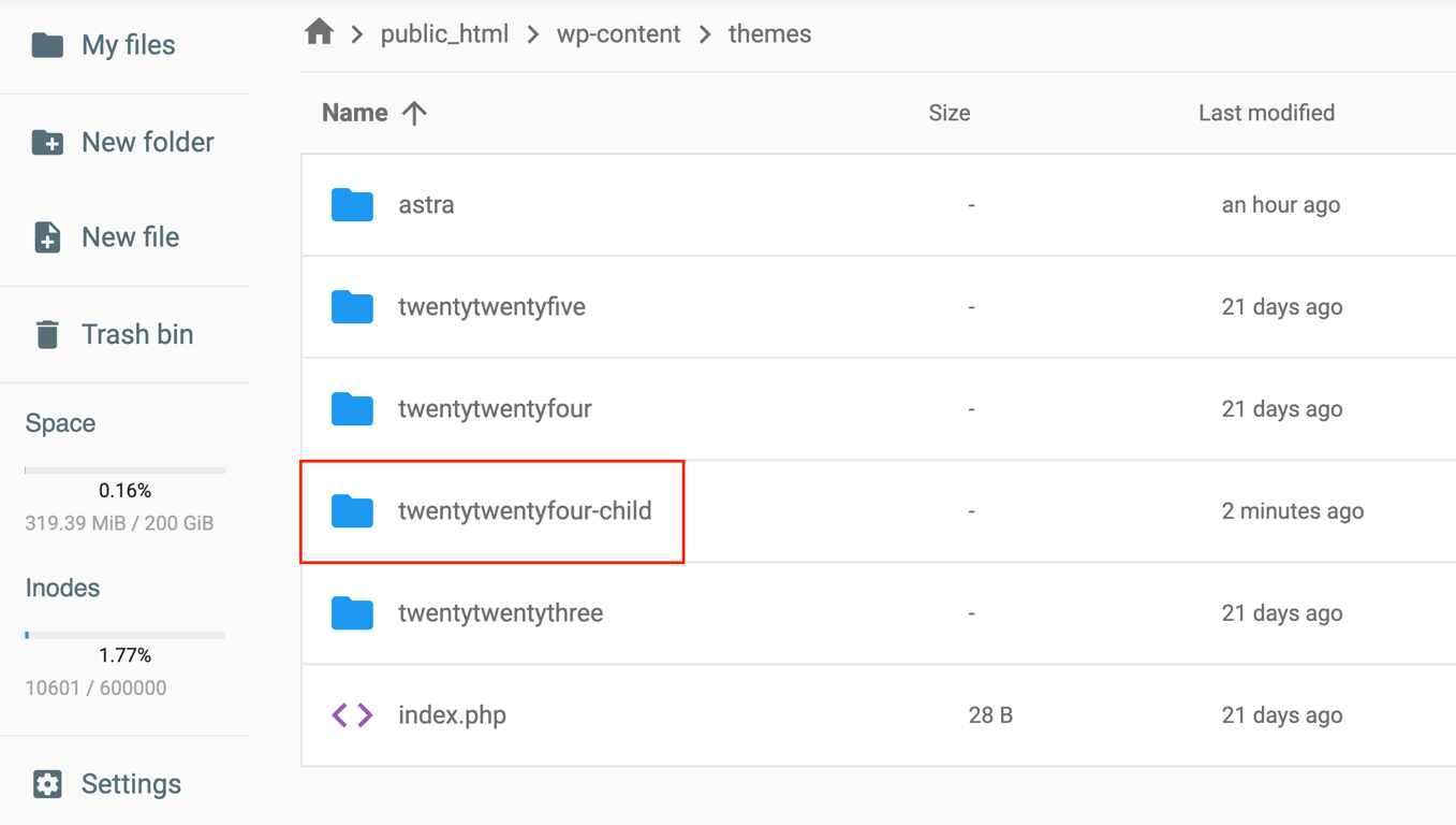 File Manager showing wp-content themes folder with child theme highlighted