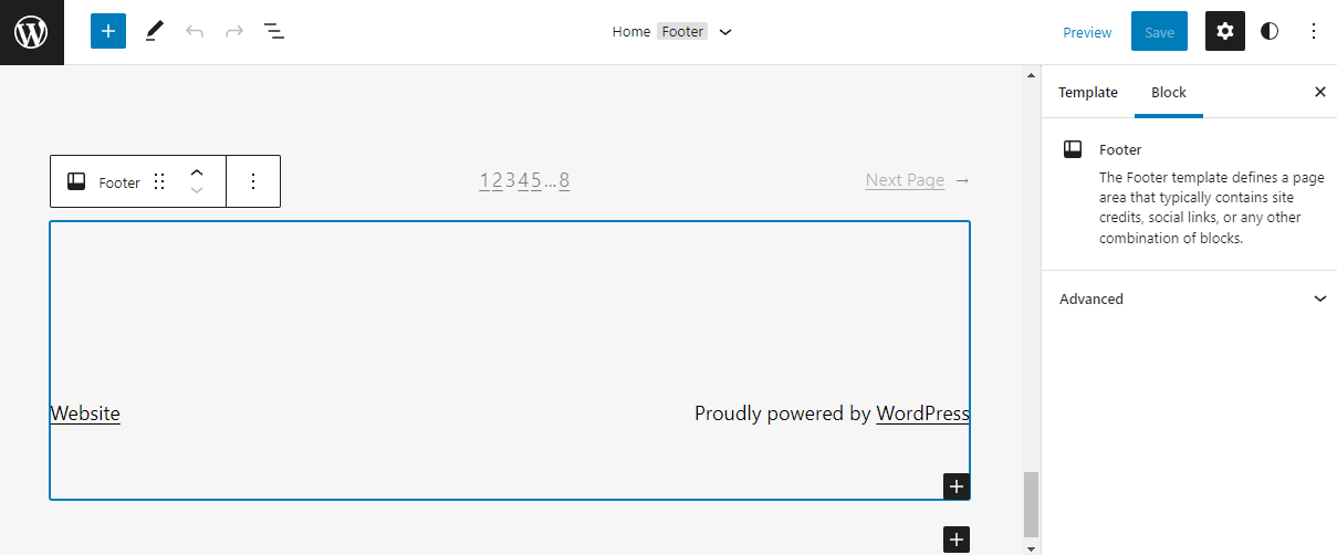 Footer area in the WordPress block editor.