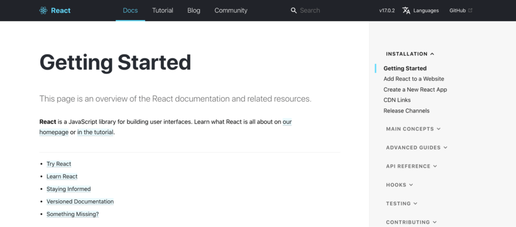 React Getting Started page, featuring its documentation and related tutorials