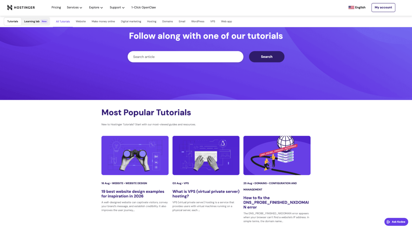 hostinger-tutorials-homepage Hostinger Tutorials' homepage