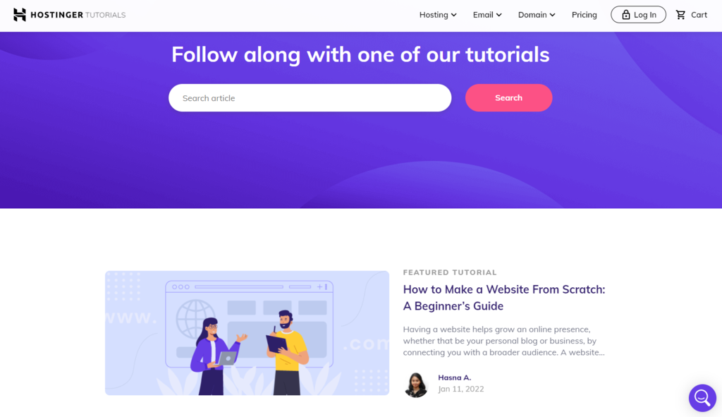 Hostinger Tutorials' homepage as a content marketing example.
