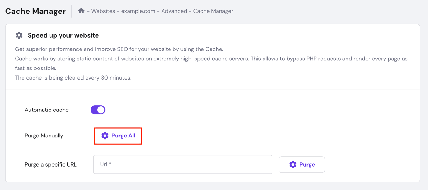 Hostinger Cache Manager showing Purge All option highlighted in dashboard