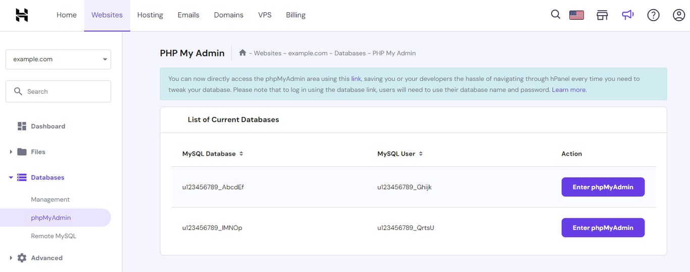 hPanels' phpMyAdmin subsection