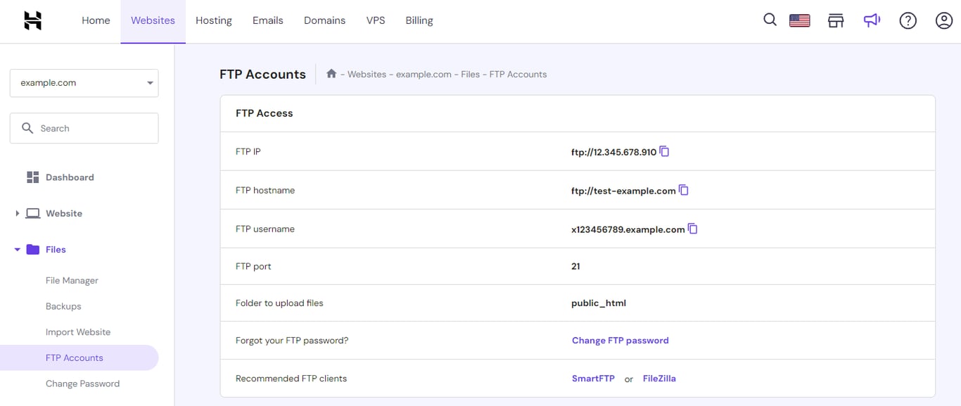 hPanel's FTP Accounts subsection