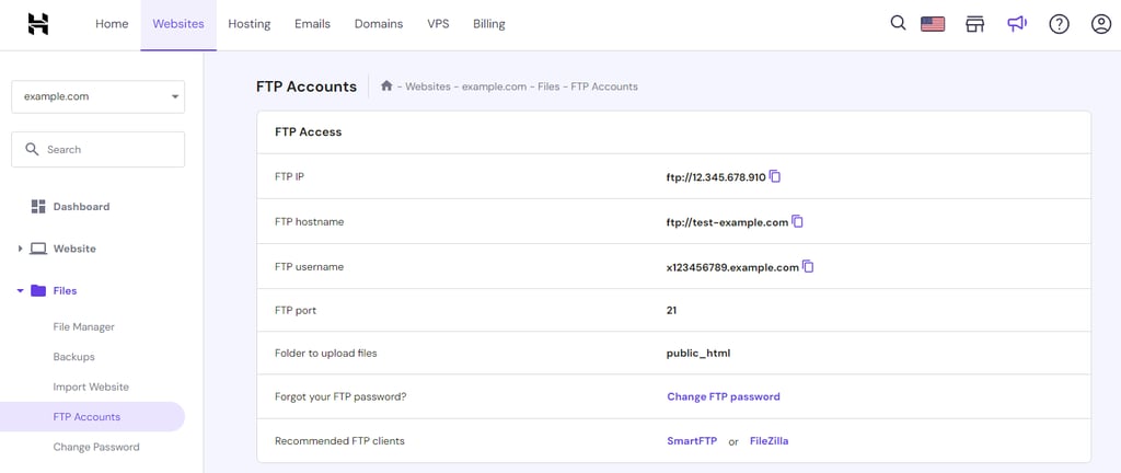hPanel's FTP Accounts subsection