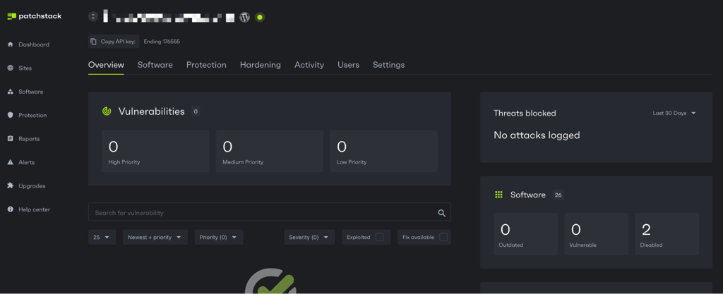The Patchstack plugin dashboard showing 0 vulnerabilities and 0 attackes logged.
