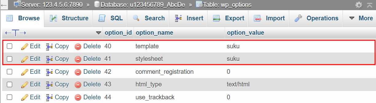 The template and stylesheet rows in phpMyAdmin's wp_option