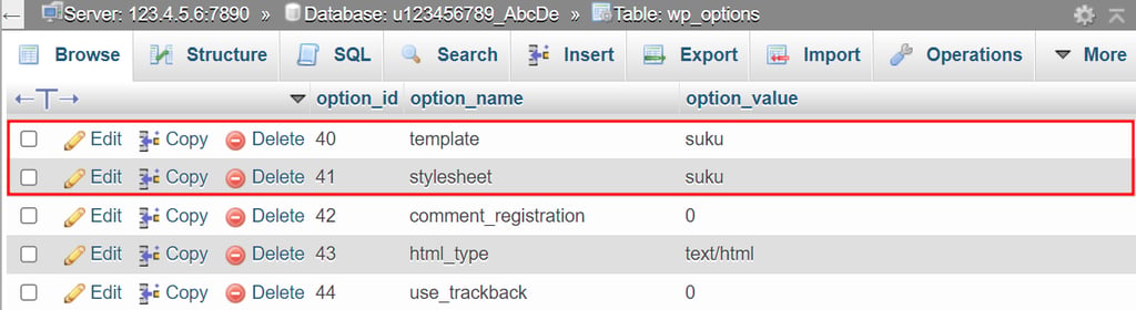 The template and stylesheet rows in phpMyAdmin's wp_option