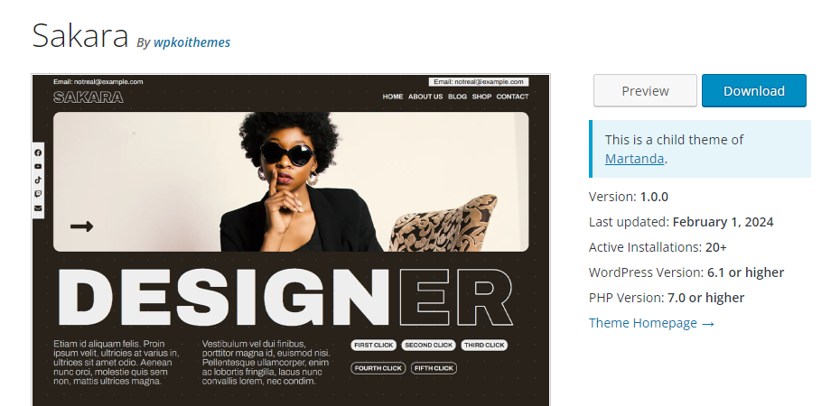 Sakara's page in WordPress' theme directory