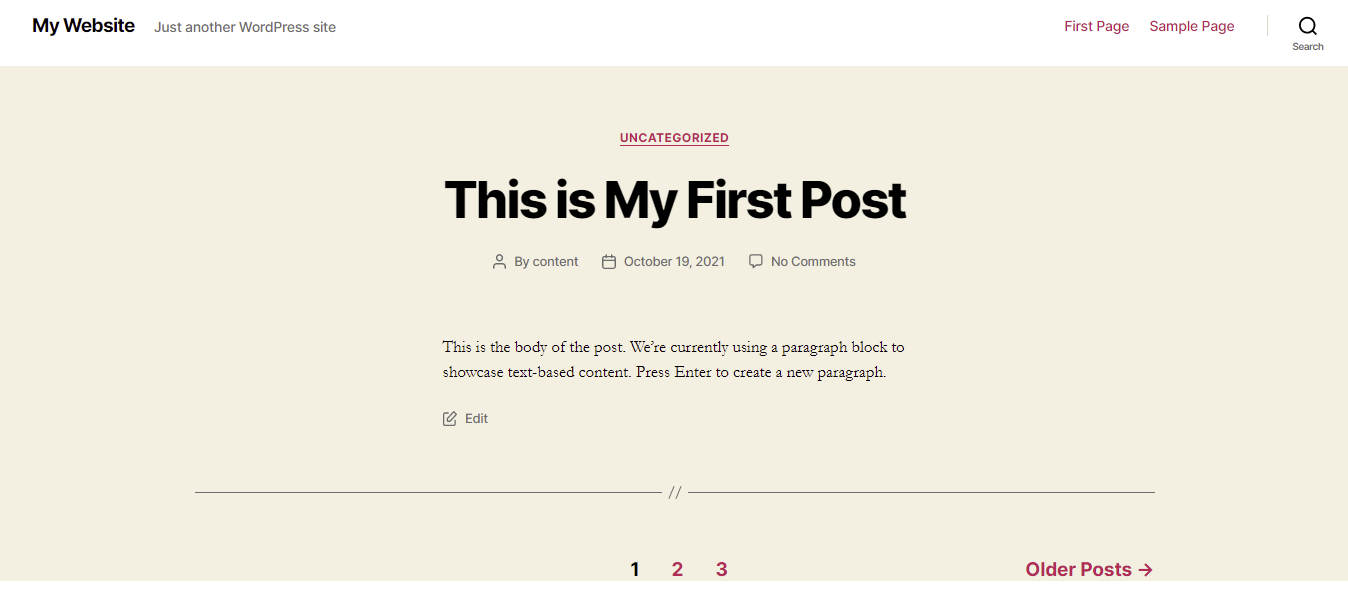 The appearance of a WordPress site with pagination enabled.