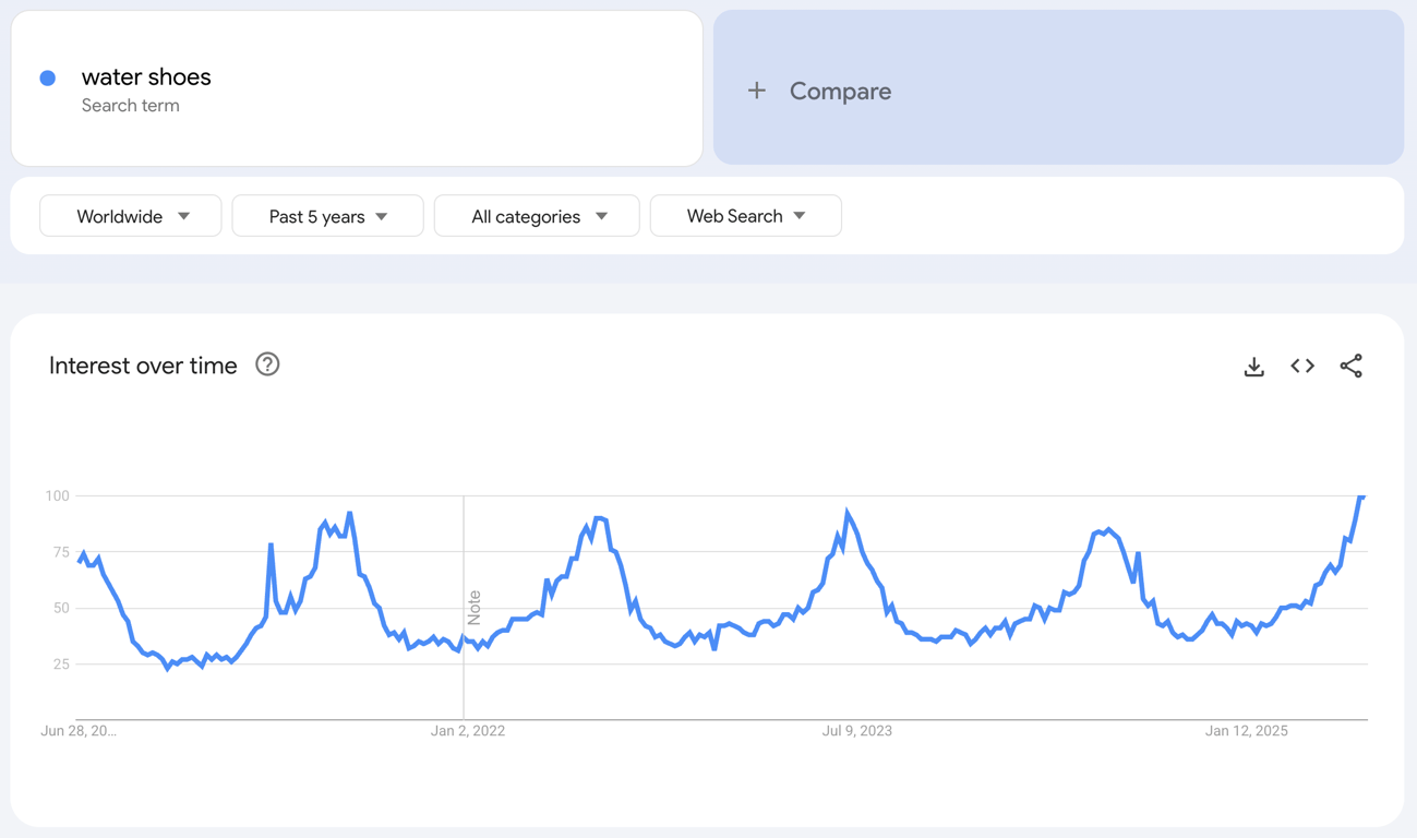 Global Google Trends data of the search term "water shoes" for the past five years.