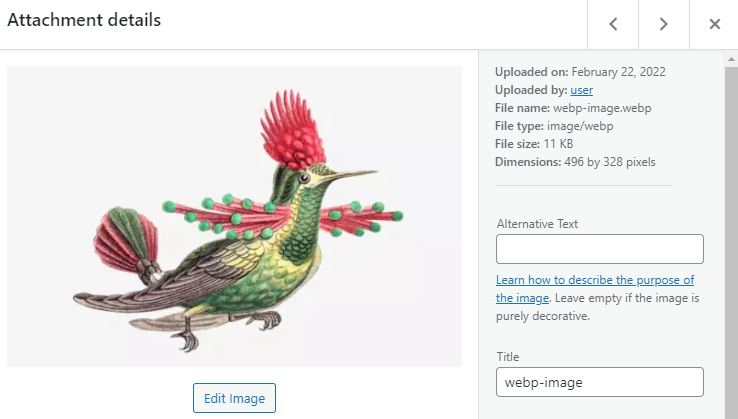 WebP image details in WordPress media library.