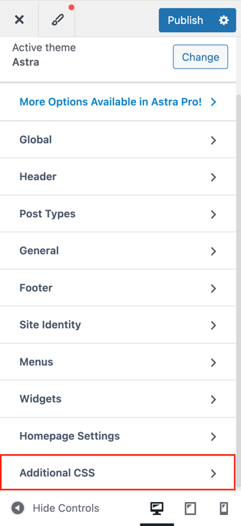WordPress Customizer with Additional CSS option highlighted in sidebar