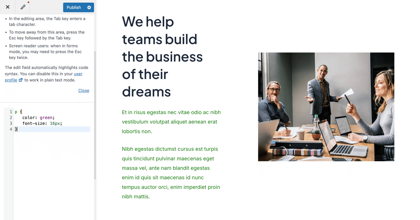 WordPress Customizer showing Additional CSS editor with live preview pane