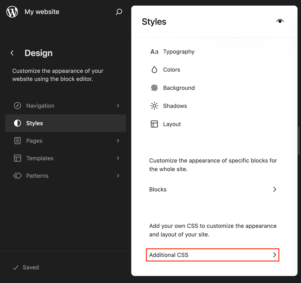 WordPress Site Editor showing Styles panel with Additional CSS section highlighted