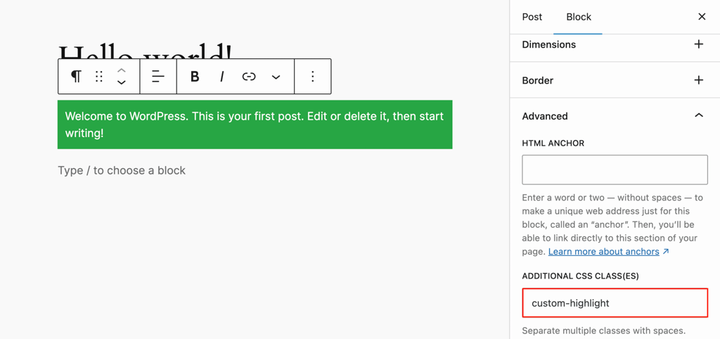 WordPress post editor with Advanced block settings and CSS class field highlighted